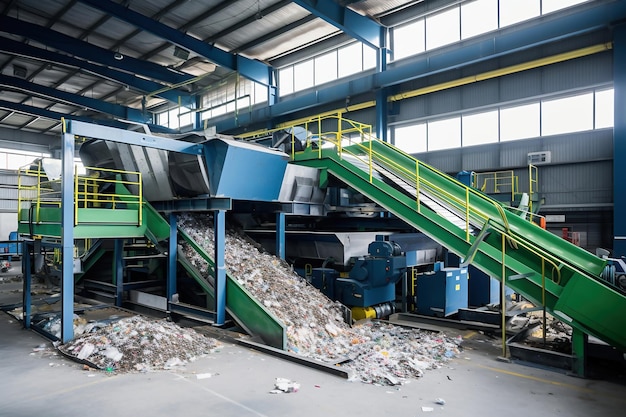 Sortownia odpadów Wiele różnych przenośników i pojemników Przenośniki wypełnione różnymi odpadami komunalnymi Utylizacja i recykling odpadów Zakład przetwarzania odpadów