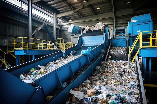 Zdjęcie sortownia odpadów wiele różnych przenośników i pojemników przenośniki wypełnione różnymi odpadami komunalnymi utylizacja i recykling odpadów zakład przetwarzania odpadów