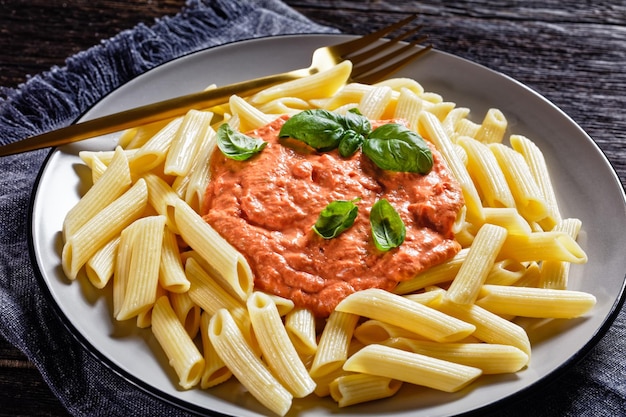 Sos Parma Rosa z Penne na talerzu na ciemnym drewnianym stole zbliżenie