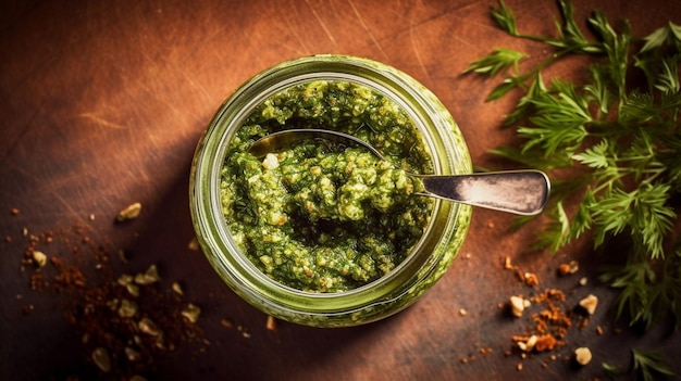 sos pesto w słoiku z łyżką z sosem pesto