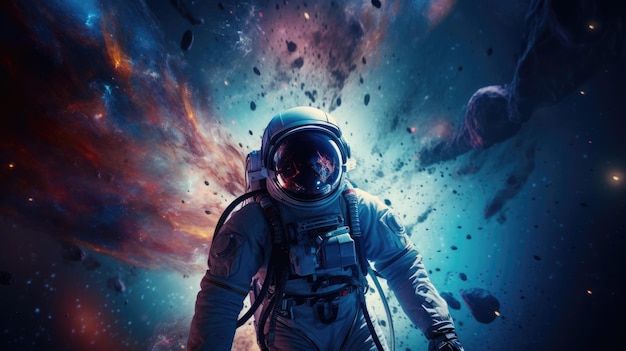 Sosmonauta w nowoczesnym skafandrze kosmicznym w kosmosie Elementy tego obrazu dostarczone przez zdjęcia astronautów kosmicznych NASA