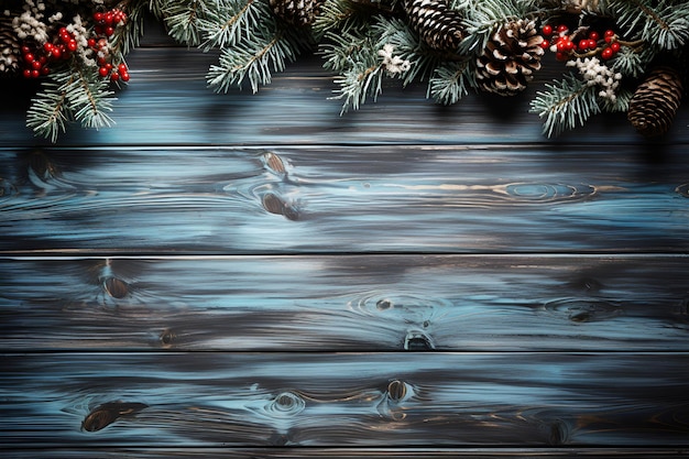 Sosna bożonarodzeniowa i dekoracja z liści sosny na vintage niebieskiej drewnianej podłodze Generatywna ilustracja AI
