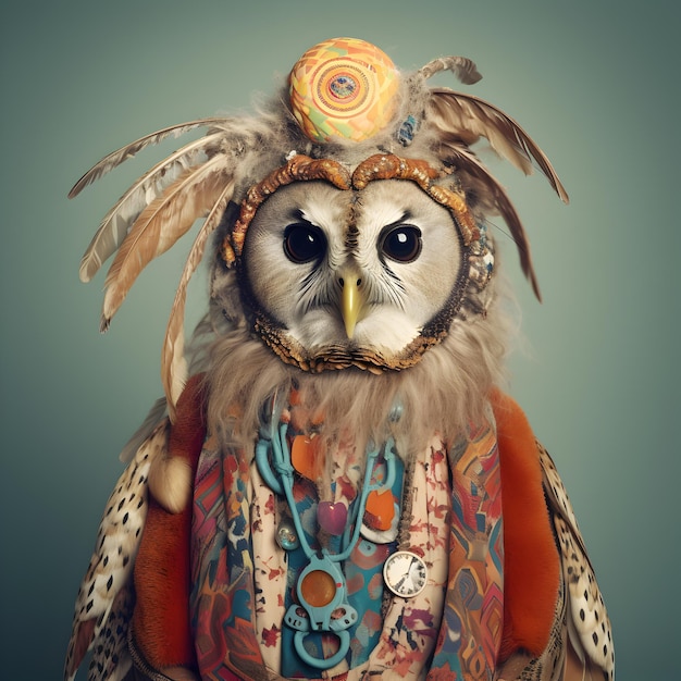 sowa ptak w boho czeskim średniowiecznym stroju hippie z koralikami surrealistycznymi