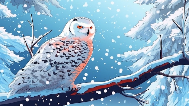 Sowa śnieżna siedząca na gałęzi podczas burzy śnieżnej Koncepcja fantasy Malowanie ilustracji