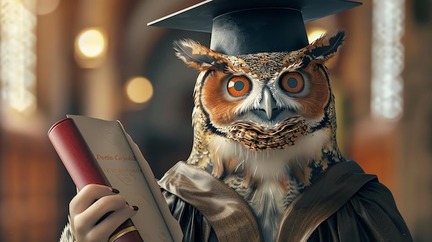 Zdjęcie sowa w czapce i szlafroku trzyma dyplom w pazurach, siedzi na stosie książek, na tle jest rozmyta biblioteka.