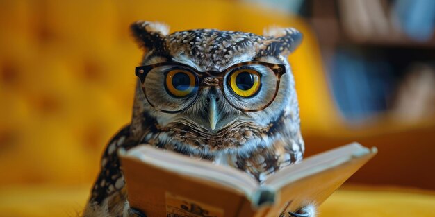 Zdjęcie sowa w okularach siedząca na książce