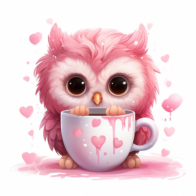 Zdjęcie sowie z kreskówek z różowymi włosami siedzący w filiżance kawy generatywny ai