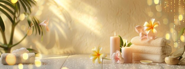 SPA kompozycja martwej natury płonąca świeca ręcznik solna szorba i kwiat frangipani na podium