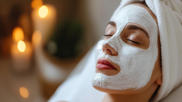 Spa salon piękności twarz kobiety z uspokajającą maską obejmująca relaks spokojna atmosfera moment odmłodzenia i piękna pośród tętniącego życiem świata