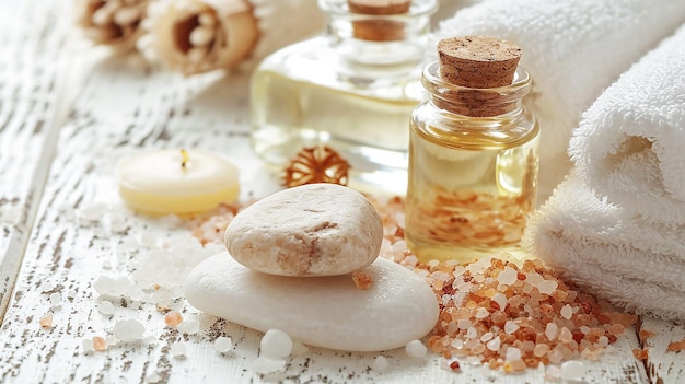 Spa Stone Beauty Treatment z olejkami eterycznymi, solą morską, mydłem i ręcznikami na białym drewnianym stole