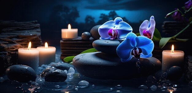 Zdjęcie spa ze świecami i orchideą.