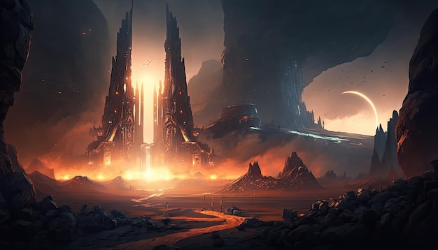 Space Ancient Alien War City w ciepłej dolinie kometa spada Generative AI
