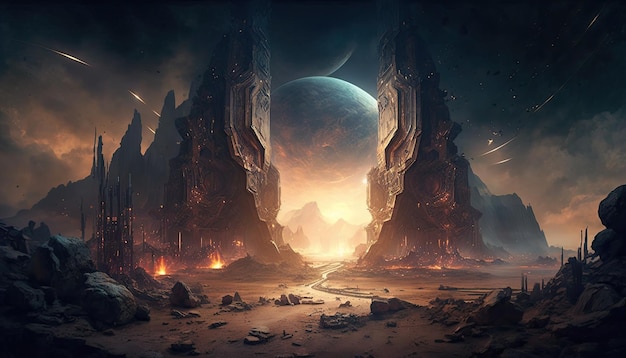 Space Ancient Alien War City w ciepłej dolinie kometa spada Generative AI