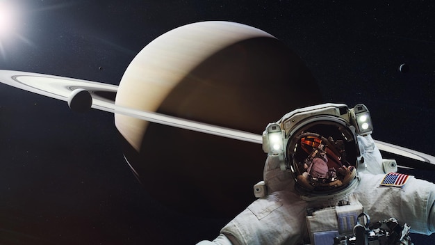 Spaceman robi selfie z planetą Saturn w kosmosie