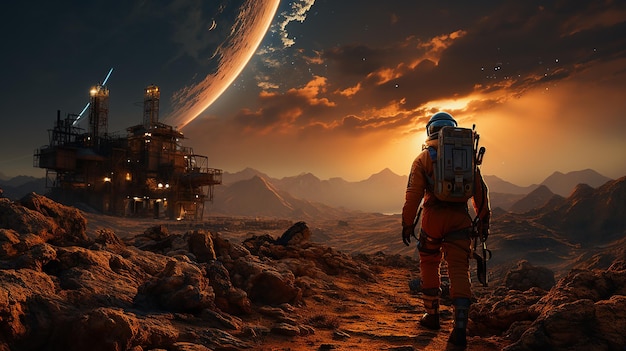 Spaceman spaceruje po czerwonej planecie Mars Space Mission Astronauta podróżuje w kosmosie