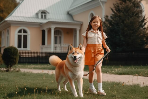 Spacer z psem szczęśliwy uroczy długowłosy dziewczyna w wieku szkolnym w zwykłych ubraniach biega z Shiba Inu pies na smyczy na trawniku w pobliżu domu wiejskiego w piękny dzień