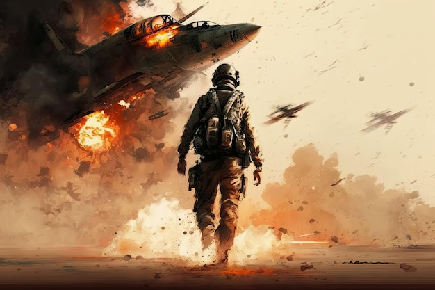 Spadające eksplozje płonące samolot wojskowy z męskim pilotem na wojnie Ilustracja Generative AI
