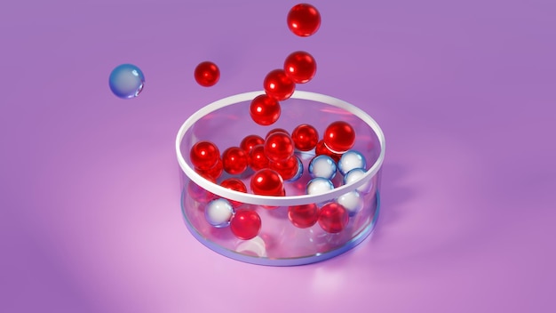 Zdjęcie spadające kolorowe trójwymiarowe czerwone kulki na różowym tle