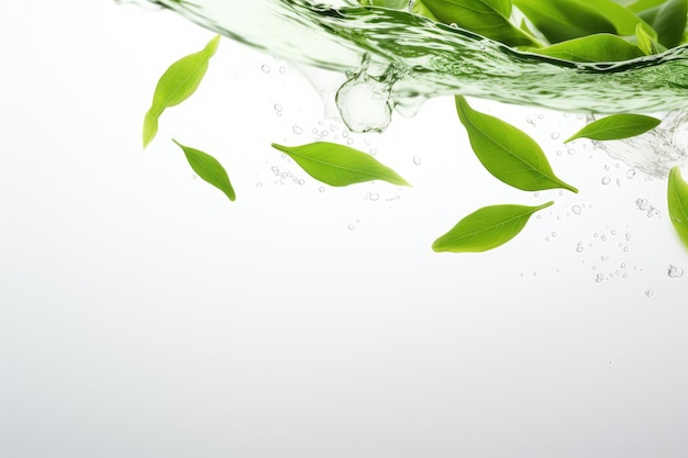 Spadające świeże liście zielonej herbaty na białej powierzchni