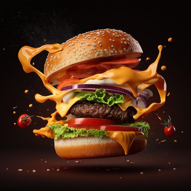 Spadający burger z szynką z pływającymi składnikami, 3d realistyczny burger na abstrakcyjnym tle.