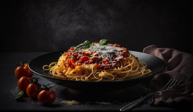 Spaghetti bolognese podawane na białym talerzu na ciemnym drewnianym tle z pomidorami i bazylią