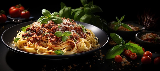 Spaghetti Bolognese Pożywne danie makaronowe z bogatym sosem mięsnym i tartym parmezanem Wygenerowano za pomocą AI