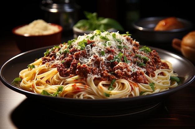 Spaghetti Bolognese Pożywne danie makaronowe z bogatym sosem mięsnym i tartym parmezanem Wygenerowano za pomocą AI