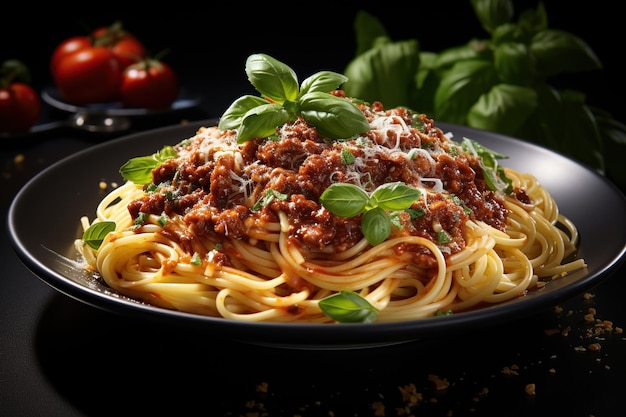 Spaghetti Bolognese Pożywne danie makaronowe z bogatym sosem mięsnym i tartym parmezanem Wygenerowano za pomocą AI