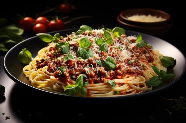 Spaghetti Bolognese Pożywne danie makaronowe z bogatym sosem mięsnym i tartym parmezanem Wygenerowano za pomocą AI