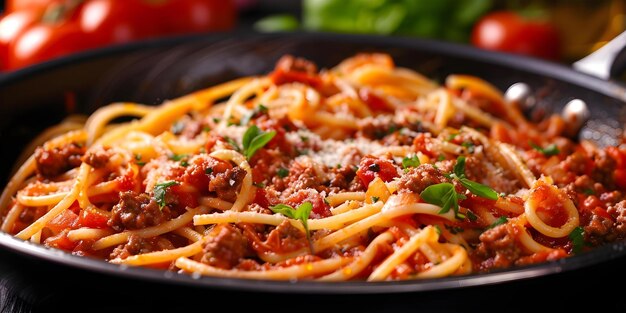 Spaghetti Bolognese w patelni Gotowe do podania z sosem mięsnym Koncepcja Kuchnia włoska Fotografia żywności Komfort Jedzenie Mięsowe Rozkosz Domowe Makaron