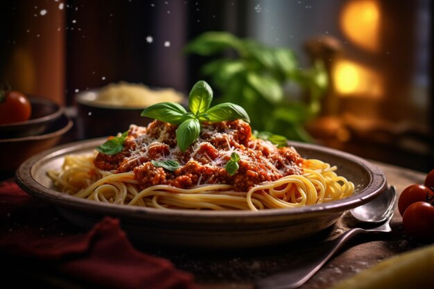 Spaghetti Bolognese z parmezanem i bazylią