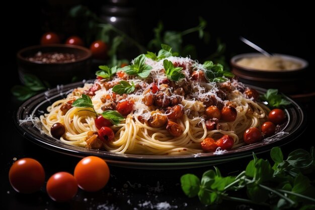 spaghetti bolognese z parmezanem i pomidorami profesjonalna fotografia reklamowa żywności