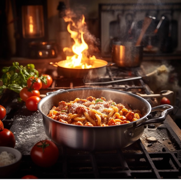 Spaghetti Bolognese z sosem pomidorowym i listkiem bazylii
