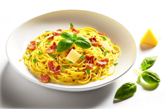 Spaghetti carbonara na płytkiej białej płytce na białym tle