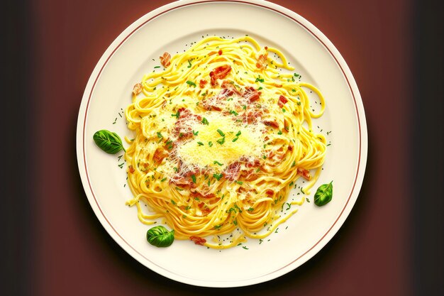 Zdjęcie spaghetti carbonara na płytkim jasnobeżowym talerzu z czerwonawo-brązowym paskiem