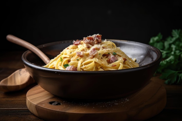 Spaghetti carbonara na rustykalnym drewnianym talerzu stworzonym za pomocą generatywnej ai