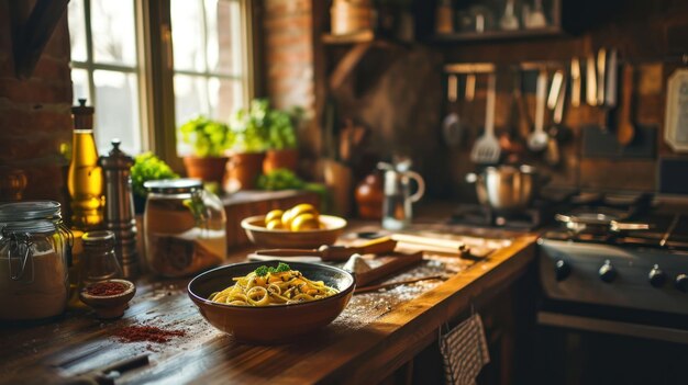 Zdjęcie spaghetti carbonara na tle uroczej kuchni włoskiej