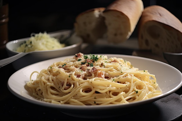 Spaghetti carbonara podawane z boczkiem chrupiącego chleba do maczania stworzonego za pomocą generatywnego ai
