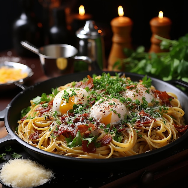 Spaghetti carbonara to włoskie danie przyrządzane z jajek wieprzowych guanciale z parmezanem i spaghetti AI