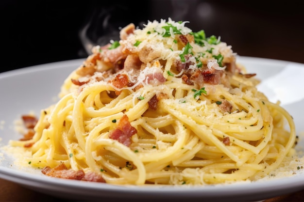 Spaghetti carbonara z chrupiącym smażonym boczkiem i posypką sera stworzone z generatywnej ai