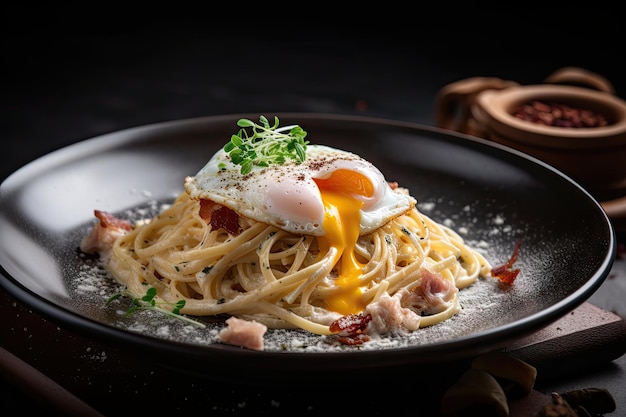 Spaghetti carbonara z jajkiem w koszulce na wierzchu stworzone za pomocą generatywnej ai