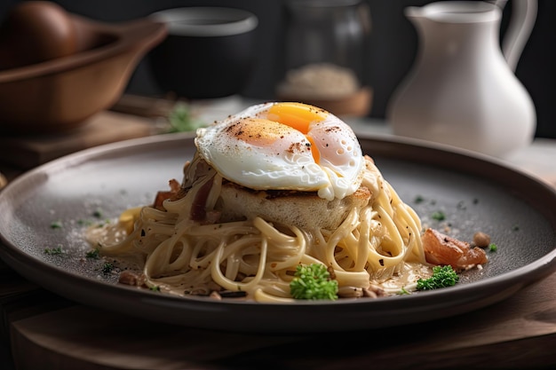 Spaghetti carbonara z jajkiem w koszulce na wierzchu stworzone za pomocą generatywnej ai