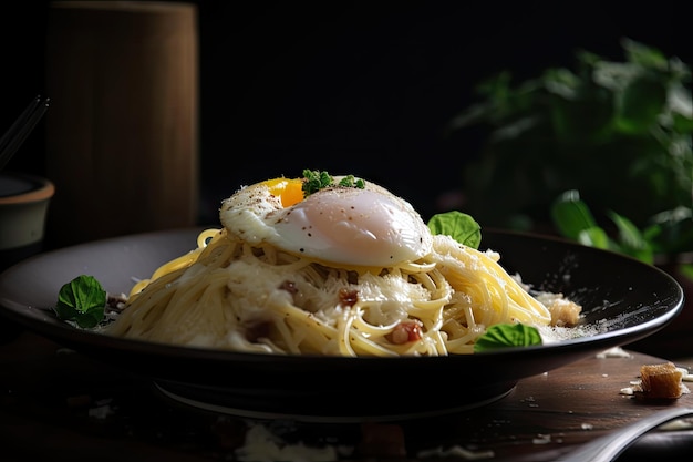 Spaghetti carbonara z jajkiem w koszulce na wierzchu stworzone za pomocą generatywnej ai