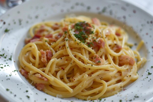 Zdjęcie spaghetti carbonara z makaronem pancetta