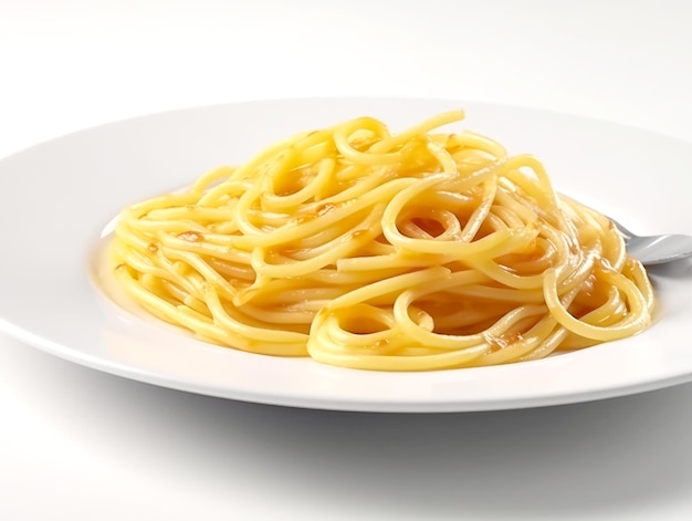 Spaghetti na białym talerzu z łyżką na białym tle