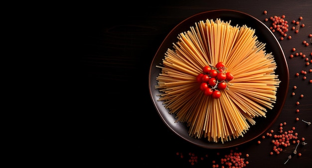 Zdjęcie spaghetti na talerzu na ciemnym drewnianym tle