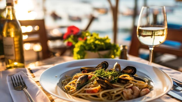 Zdjęcie spaghetti vongole na tarasie przy plaży