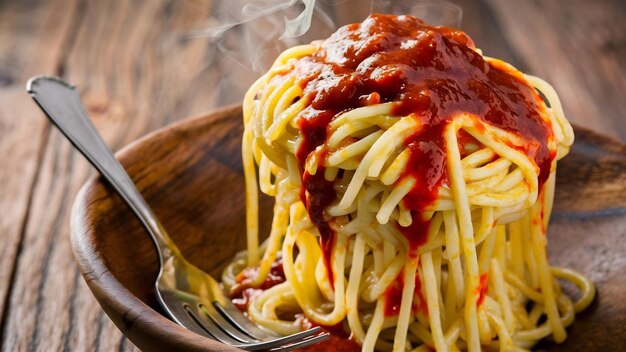 Spaghetti w naczyniu na drewnianym tle