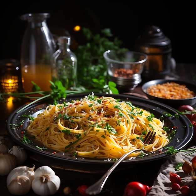 Spaghetti z czosnkiem i oliwą piękne wyrafinowanie dań