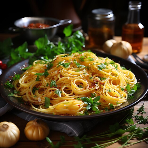 Spaghetti z czosnkiem i oliwą piękne wyrafinowanie dań